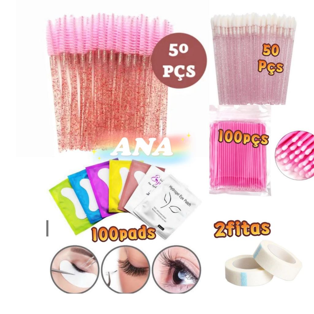 ANA1108 Kit Alongamento De Cílios-100Pads+50Escovinhas+100Microbrush+50Aplicadores+2 Fitas Transpore