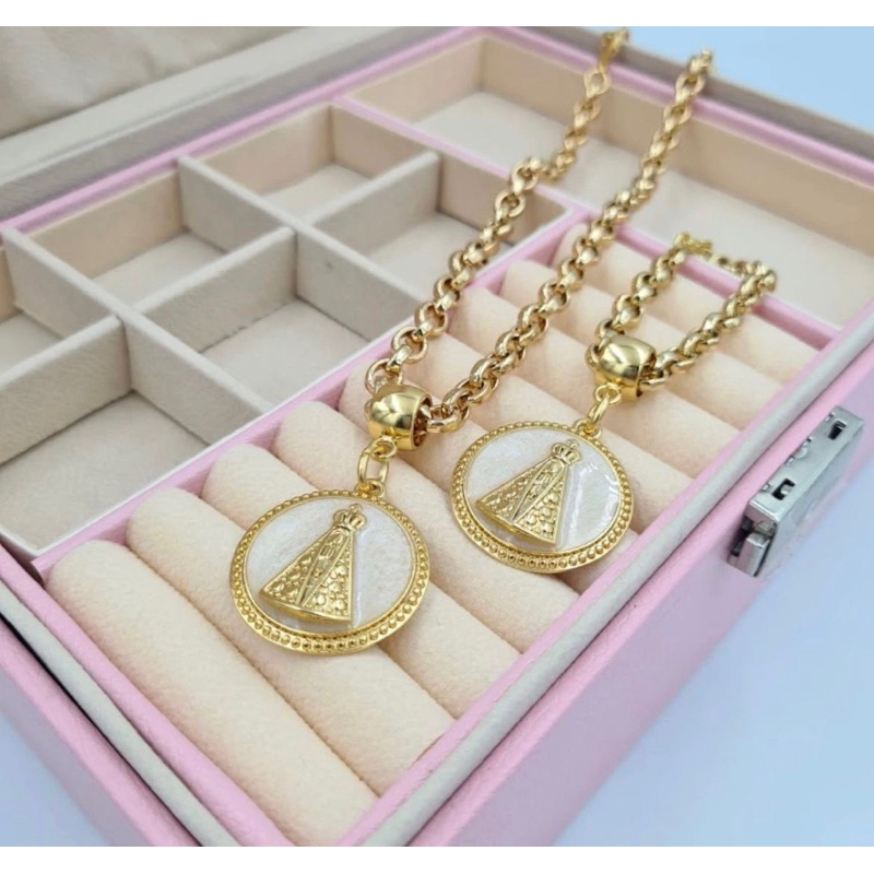 Colar + pulseira Feminino Corrente Grossa Dourado banhada, semi joia Medalha Nossa Senhora Aparecida Promoção em Oferta na Shopee