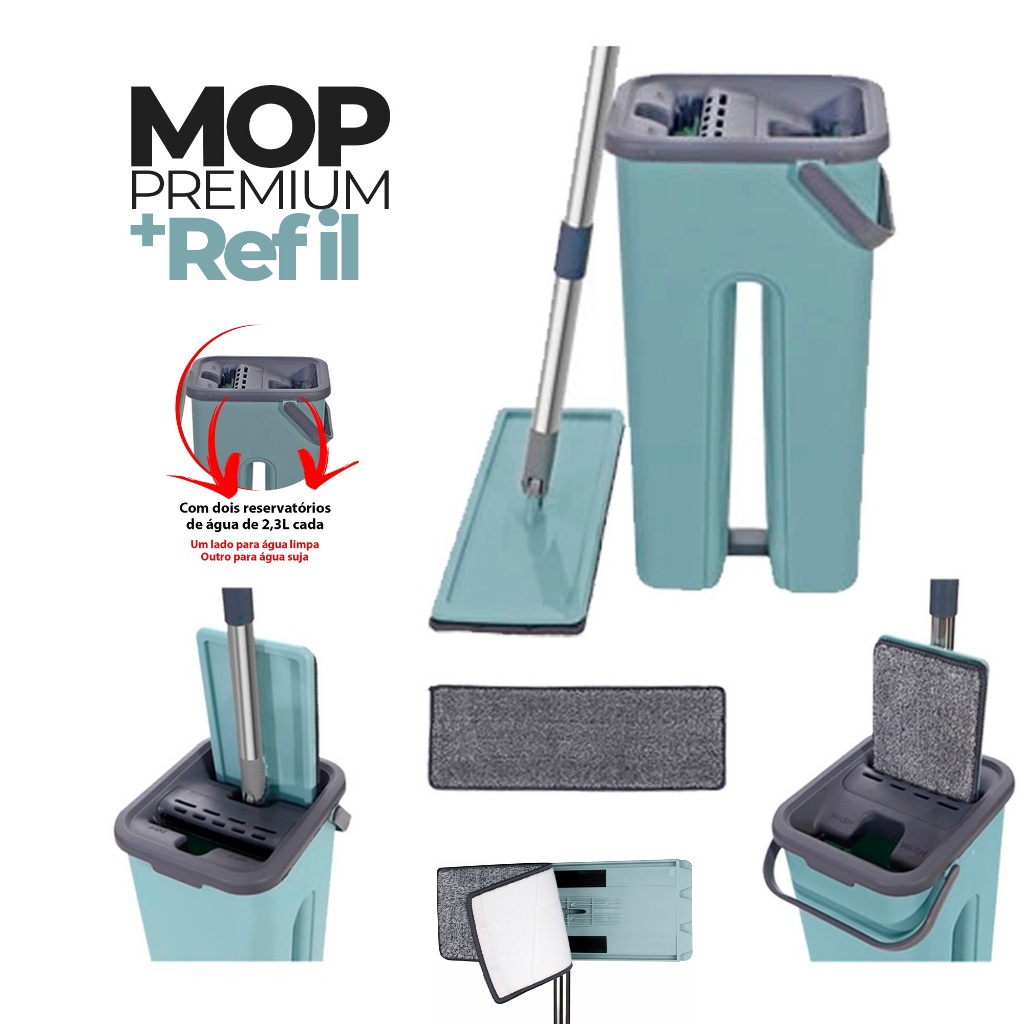 Mop Premium Original Compacto Com Refil - Lava e Seca De Limpeza Ajustável Com Esfregão E Balde De Plástico