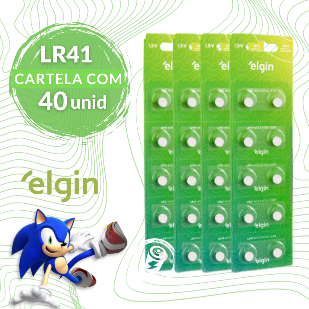 40 Baterias Alcalina Lr41 Elgin Botão - 4 Cartelas C/ 10 Uni