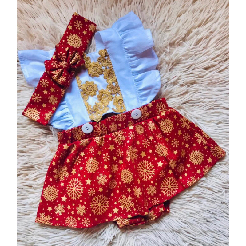 JARDINEIRA ROMPER ESTAMPA NATALINA LISTRADA COM BLUSA BRANCA COM GRIPE DOURADO