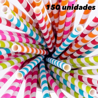 150 Canudos Biodegradável de papel 20 cm 6 mm listrado cores a escolha OFF em Oferta na Shopee