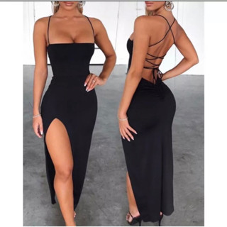 Vestido longo com fenda elegante costas nua trançada festas empina bumbum