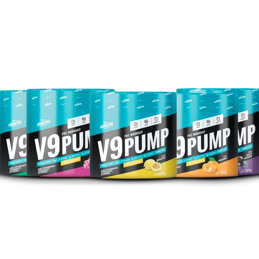 V9 Pump Shark Pro 300g e 150g Pré Treino Com Beta Alanina Sabores