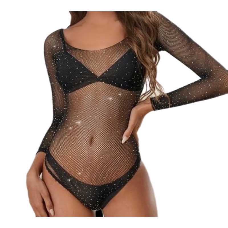 Body com Strass e Brilho, Arrastão no Tule Transparente
