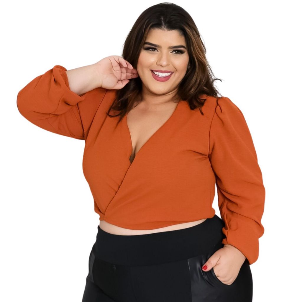 Blusinha Cropped  Inverno Frio  Com Manga Manga Bulfante Tecido Duna Plus Size - Nany