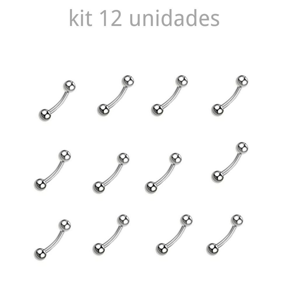 kit 12 Piercings Básico Bolinha Vertical Labret sobrancelha Aço Cirúrgico Barbell Curvo Bananinha 6/8/10/12mm