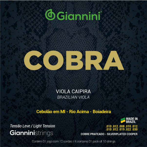 Corda Viola Giannini Cobra COBRE PRATEADO Tensão Leve Cebolão em Mi Rio a Cima Boiadeira