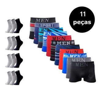 Kit 5 Cuecas Boxer Microfibra Adulto + 6 Pares Meias