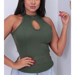 Blusinha Básica Regata Feminina Canelada Gola Alta Com Decote e Bojo, Tamanho Único cores variados