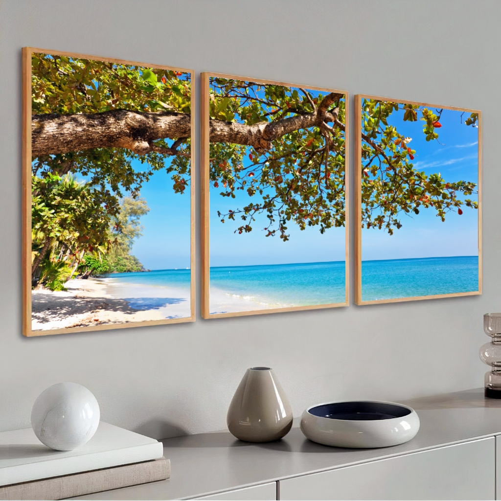 Kit 3 Quadro Decorativo Para Sala Com Moldura Grande Moderno Natureza Paiasagem Praia
