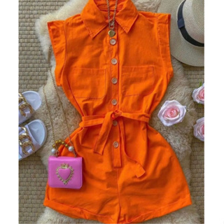 Macaquinho Curto Tecido linho Premium laranja, pink, verde lima, preto, bege, azul, marrom em Oferta na Shopee