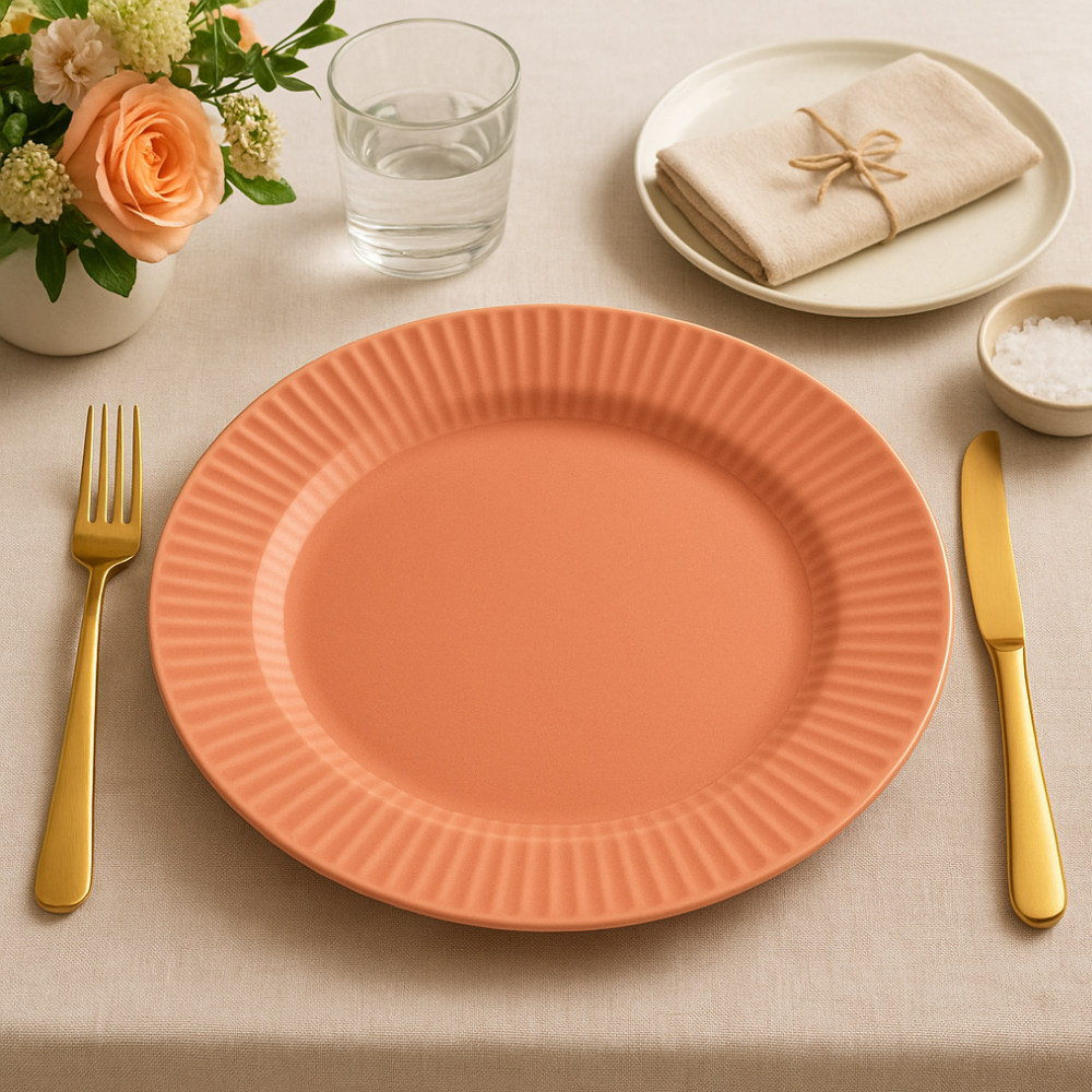 Kit 2 Pratos Raso 25cm Oxford Biona Cerâmica Canelé Salmão Decorado