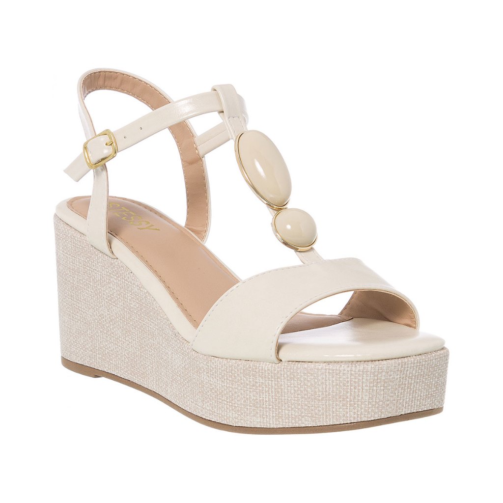 Sandália Feminina Anabela Plataforma Salto Alto Juta Espadrille Festa Chic Pedraria Rafia Conf Verão