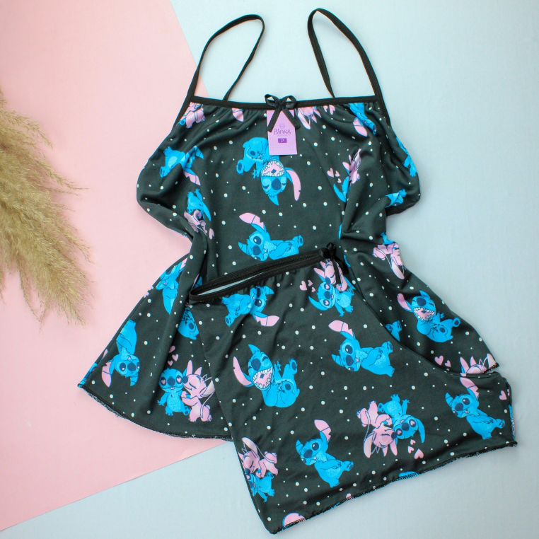 Short Doll Feminino Personagens Estampado Pijama Adulto Linha Noite Conforto Stitch em Oferta na Shopee
