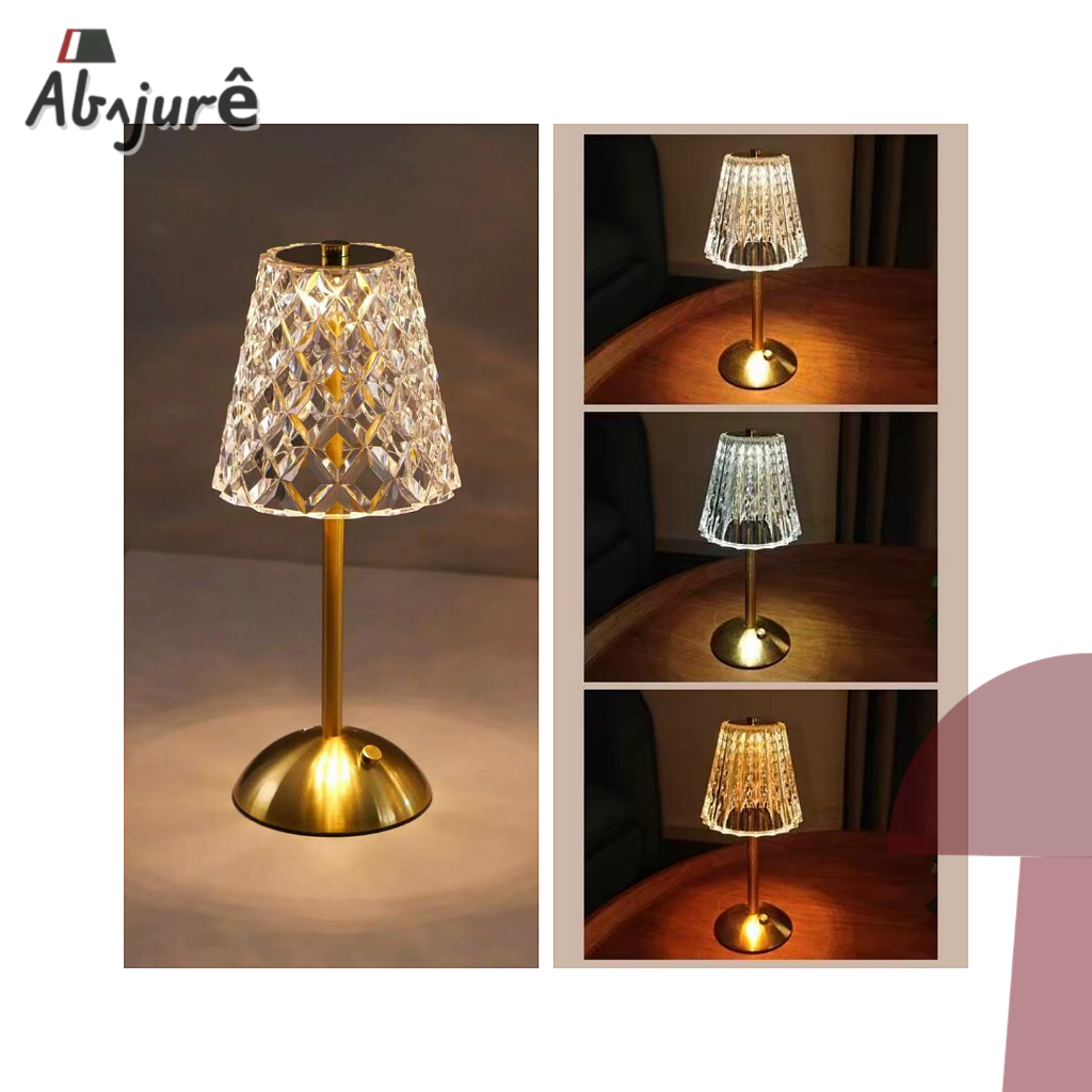 Abajur Led Luminária De Mesa Cristal Acrílico Dourado Led 3 Em 1 Luz Noturno Luminária Cabeceira