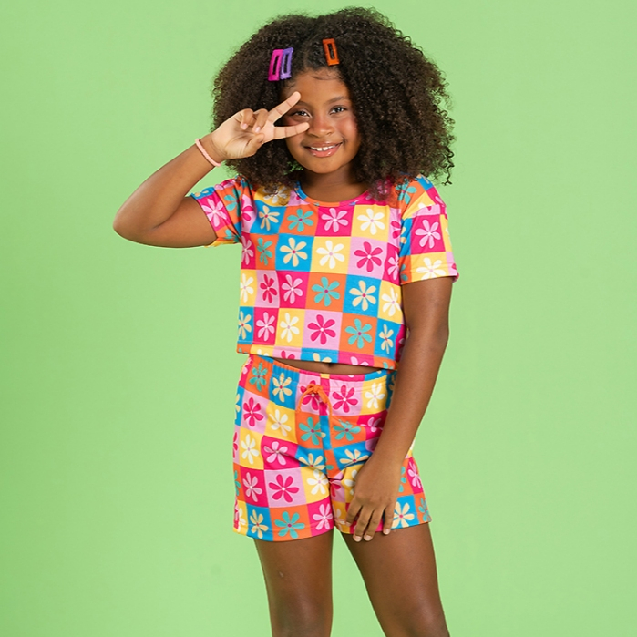 Conjunto Verão Menina Infantil Cropped e Shorts Com Cadarço Florido em Oferta na Shopee