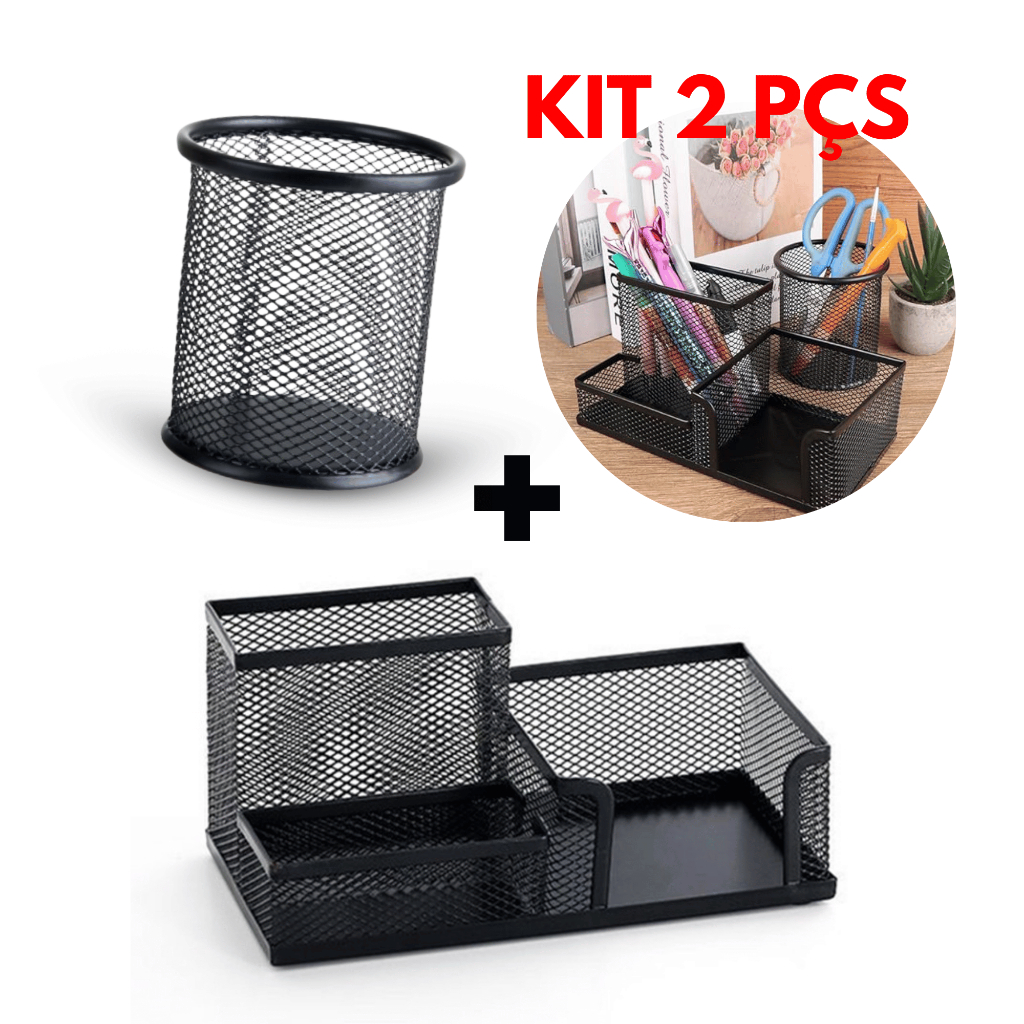 Porta Lápis + Porta Treco Organizador de Mesa de Escritório Kit caneta metal aramado