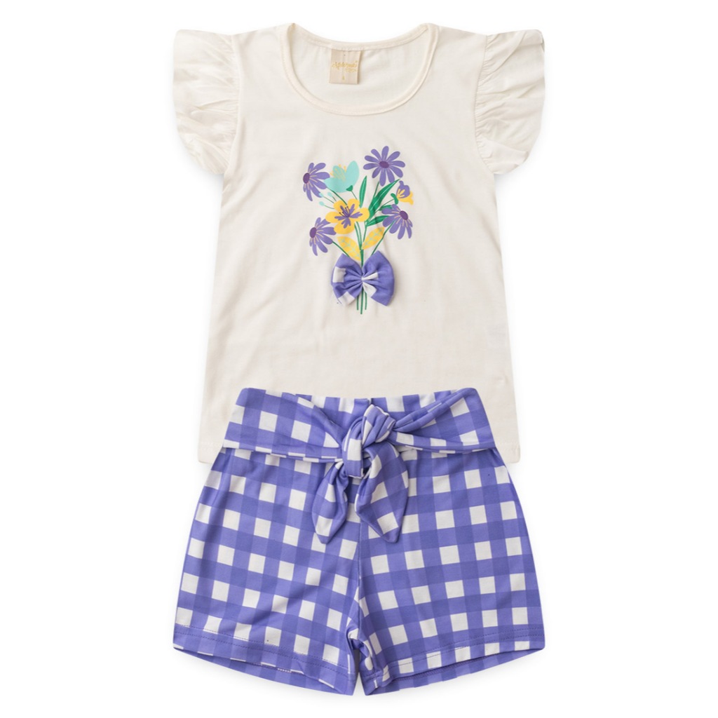 Conjunto Verão Menina Blusa e Shorts com Faixa Sobreposta Flores do Jardim em Oferta na Shopee