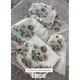 Kit de Cozinha em Organza com 05 Peças Bordadas em Oferta na Shopee
