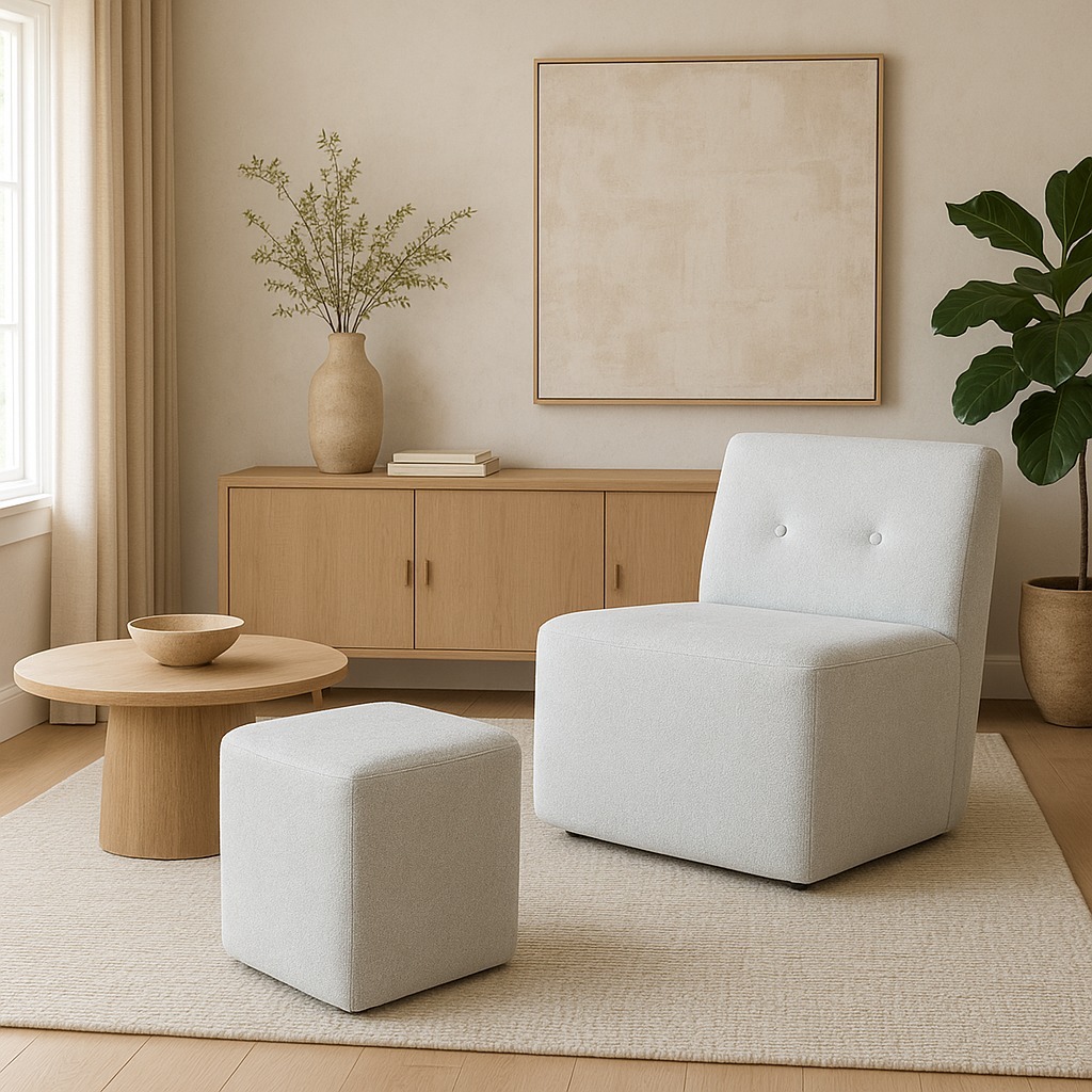 Poltrona Cadeira Milena e puf quadrado hall entrada sala quarto bege Em tecido suede macio varias cores Design Moderno