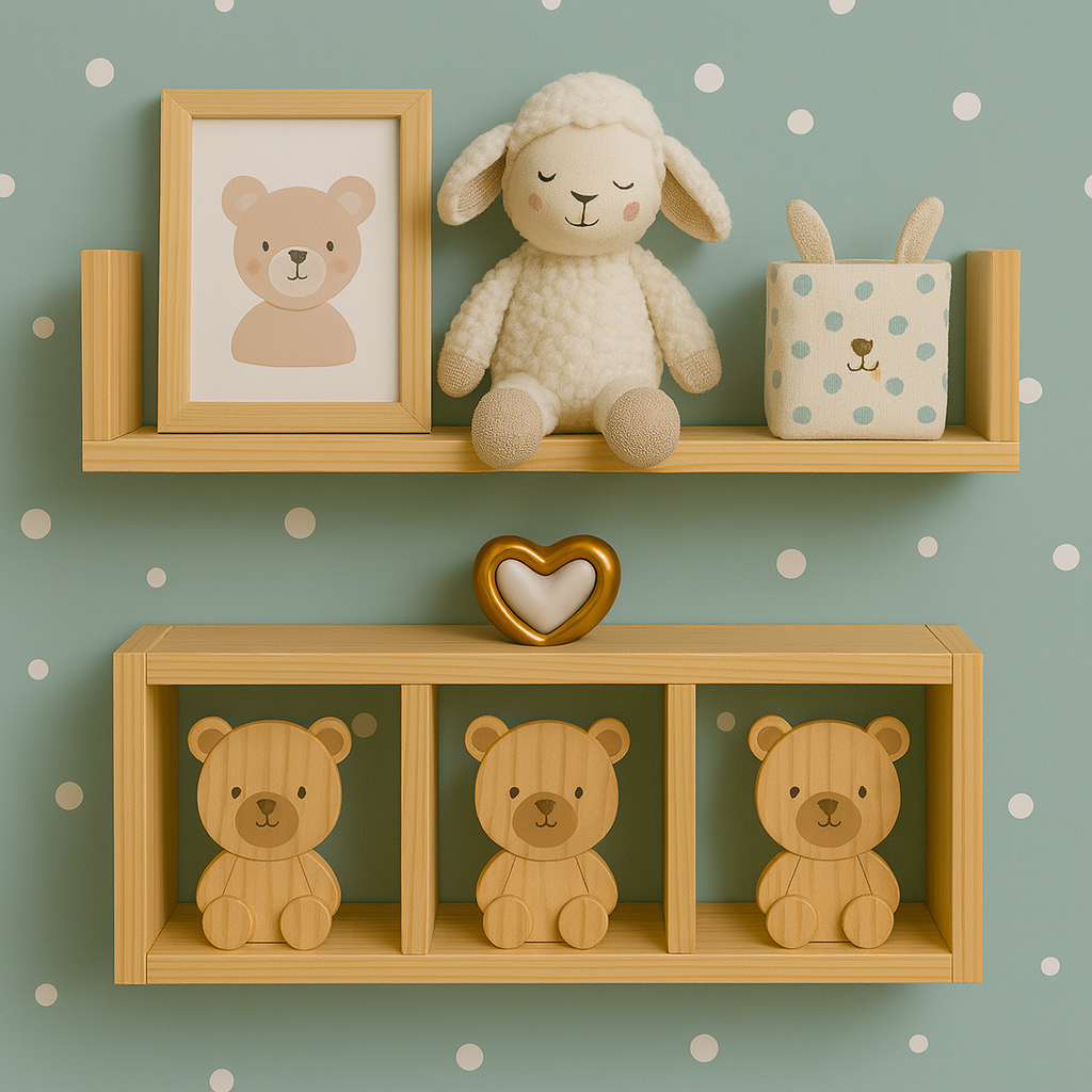 Conjunto Nicho + Prateleira para Quarto Infantil em Madeira Natural Pinus Ideal Para Decoração de Ambiente Conjunto Nicho + Prateleira para Quarto Infantil em Madeira Natural Pinus Ideal Para Decoração de Ambiente