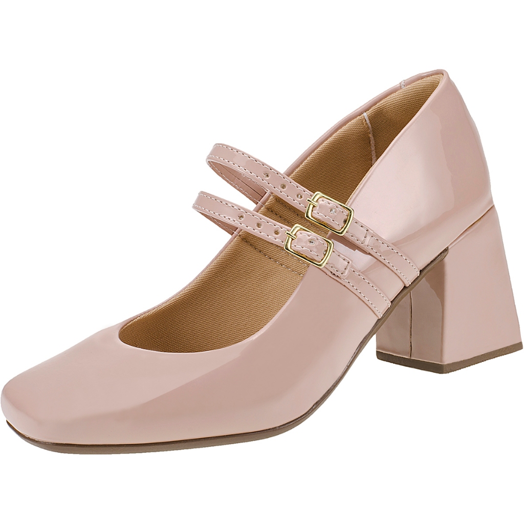 Imagem Sapato Scarpin Feminino Salto Bloco Mary Jane Shekinah Boneca Tira 2 Fivela Verniz Casamento Noiva