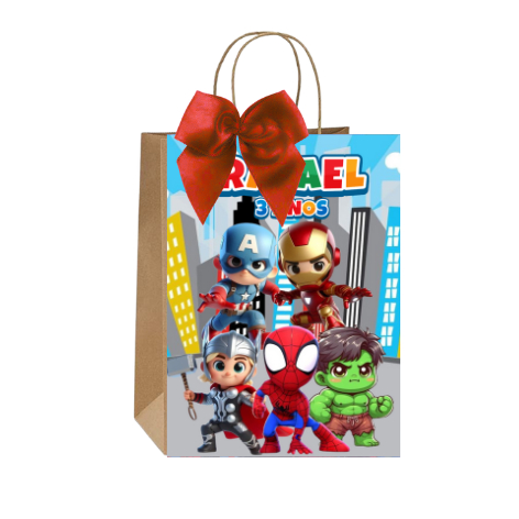 Sacolinhas Kraft Personalizadas Tema Vingadores Baby de Aniversário Doces Balas Lembrancinhas Acompanha Laço