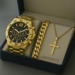 Kit Relógio Masculino Original + Corrente Cruz Banhado a Ouro 18k + Pulseira Luxo