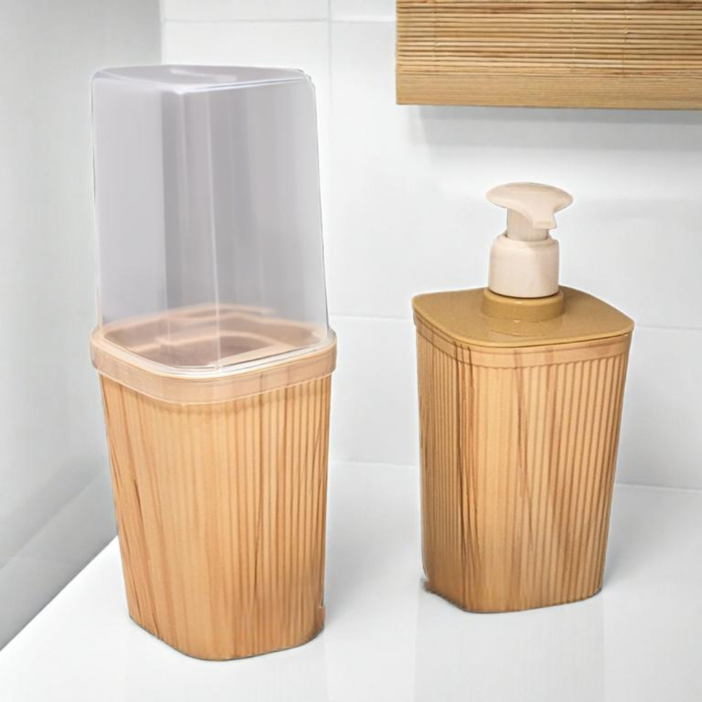 Organização Banheiro Porta Sabonete Líquido Porta Escova e Pasta de Dente Madeira ou Pedra