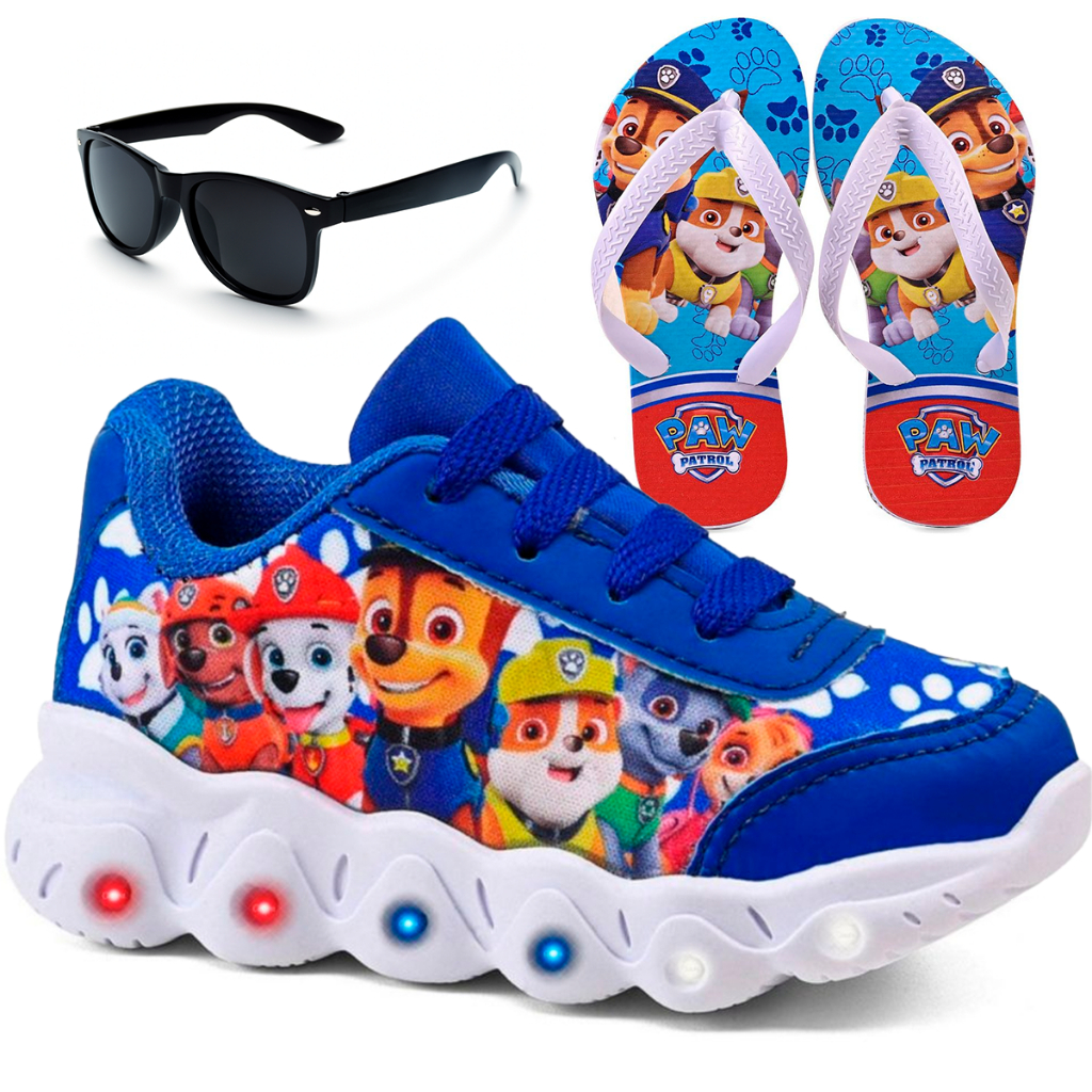 Kit Tênis Infantil Menino Patrulha Canina Com Led + Chinelo Infantil + Óculos Infantil