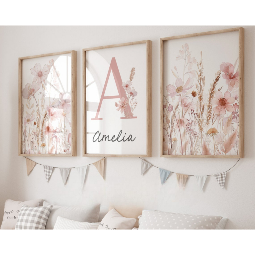 Kit 3 Quadros Decorativos Flores Rosa Jardim com Moldura Personalizado com Nome Bebê Quarto Menina em Oferta na Shopee