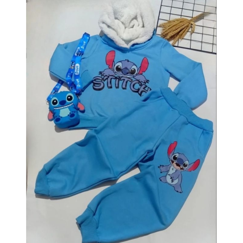 Conjunto Infantil Feminino Capuz Peluciado Stick Rosa Azul  Inverno Blusa + Calça Moletom Quentinha Menina