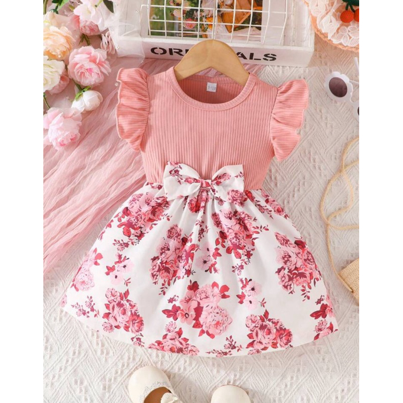 Vestido de verão sem mangas com babados para bebê menina com listras, laços, estampas de borboletas e flores