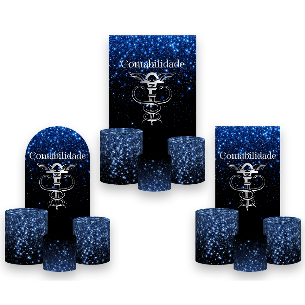 Painel De Festa Vertical + Trio De Capa Cilindro - Profissão Contabilidade Efeito Glitter Azul 025