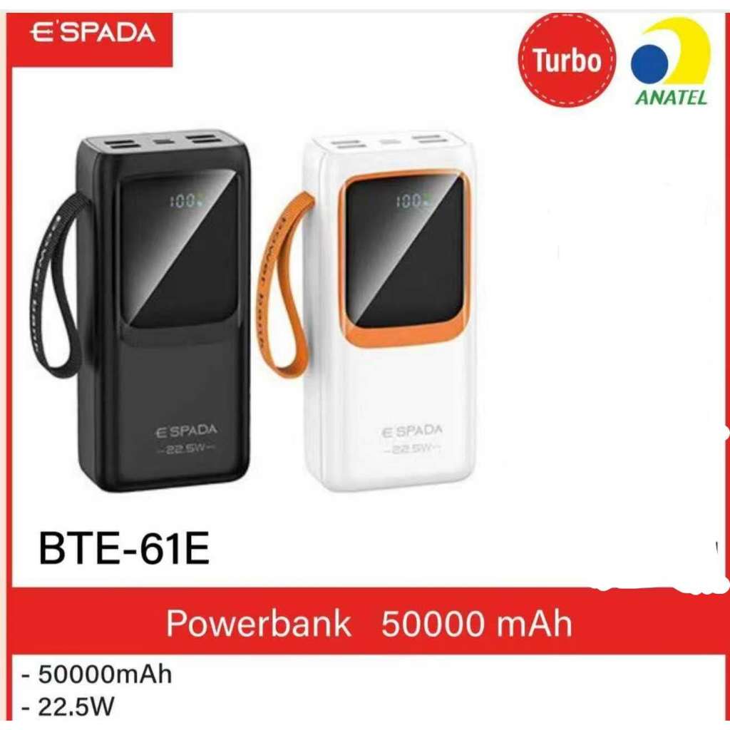 Carregador Portátil Power Bank Grande 50000mah Turbo 22.5W PD Rápido E'SPADA BTE-61E em Oferta na Shopee