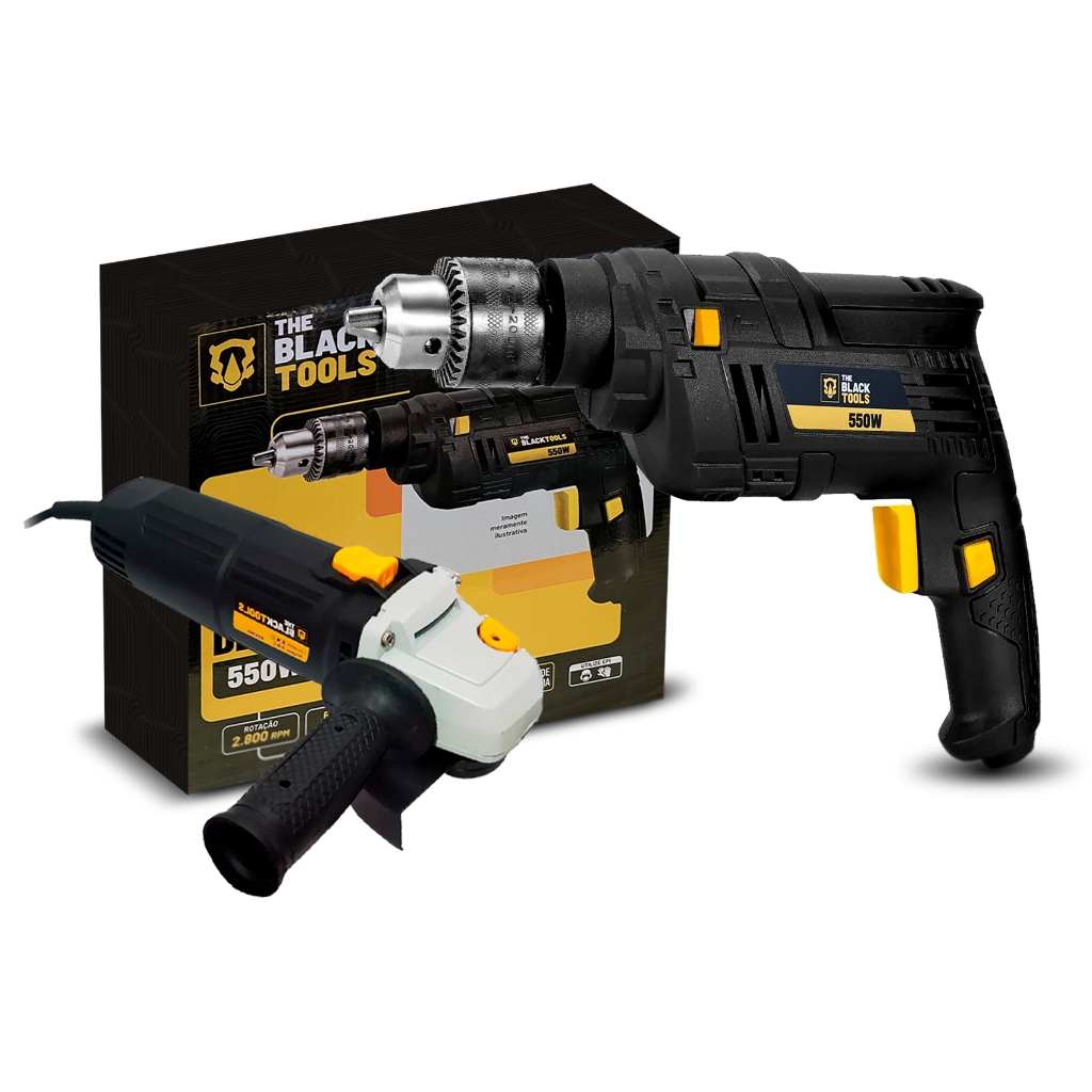 Kit Ferramentas Furadeira Com Impacto + Esmerilhadeira Lixadeira 4.1/2 The Black Tools
