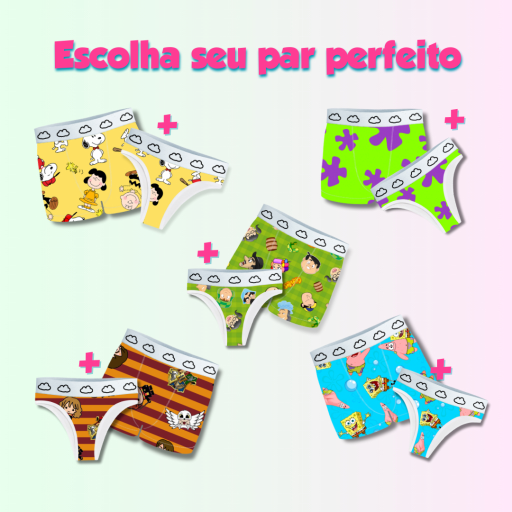 KIT CUECA E CALCINHA CASAL NAMORADOS ESTAMPADO PERSONAGEM