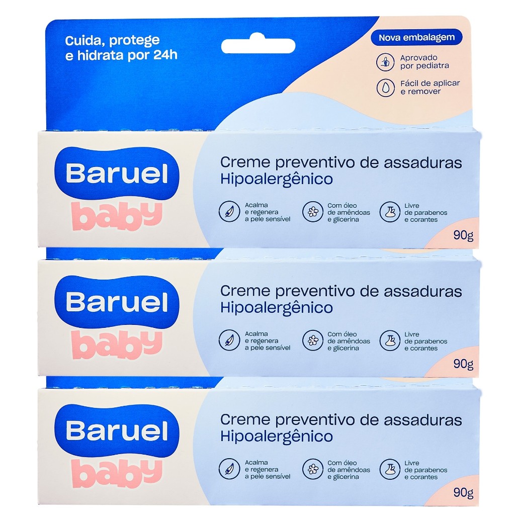 Kit c/3 Creme Preventivo de Assaduras Baruel Baby com Barreira Protetora 90g - Envio Rápido