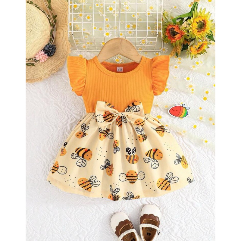 Vestido de verão com mangas borboleta para bebê menina, adorável estampa de abelinha com laço e design de listras