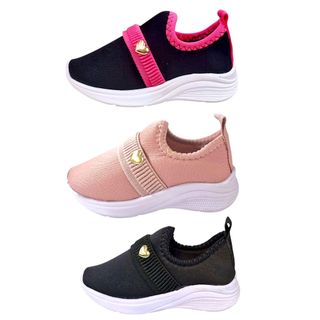 KIT 3 Pares Tênis Calce Fácil  Feminino Infantil com Elástico Pingente Coração <3 Lindo Confortável