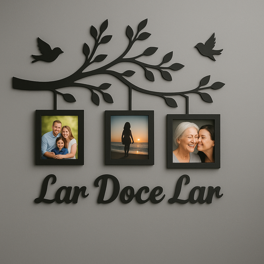 Painel de Parede Lar Doce Lar com 3 Porta Retratos Família em MDF