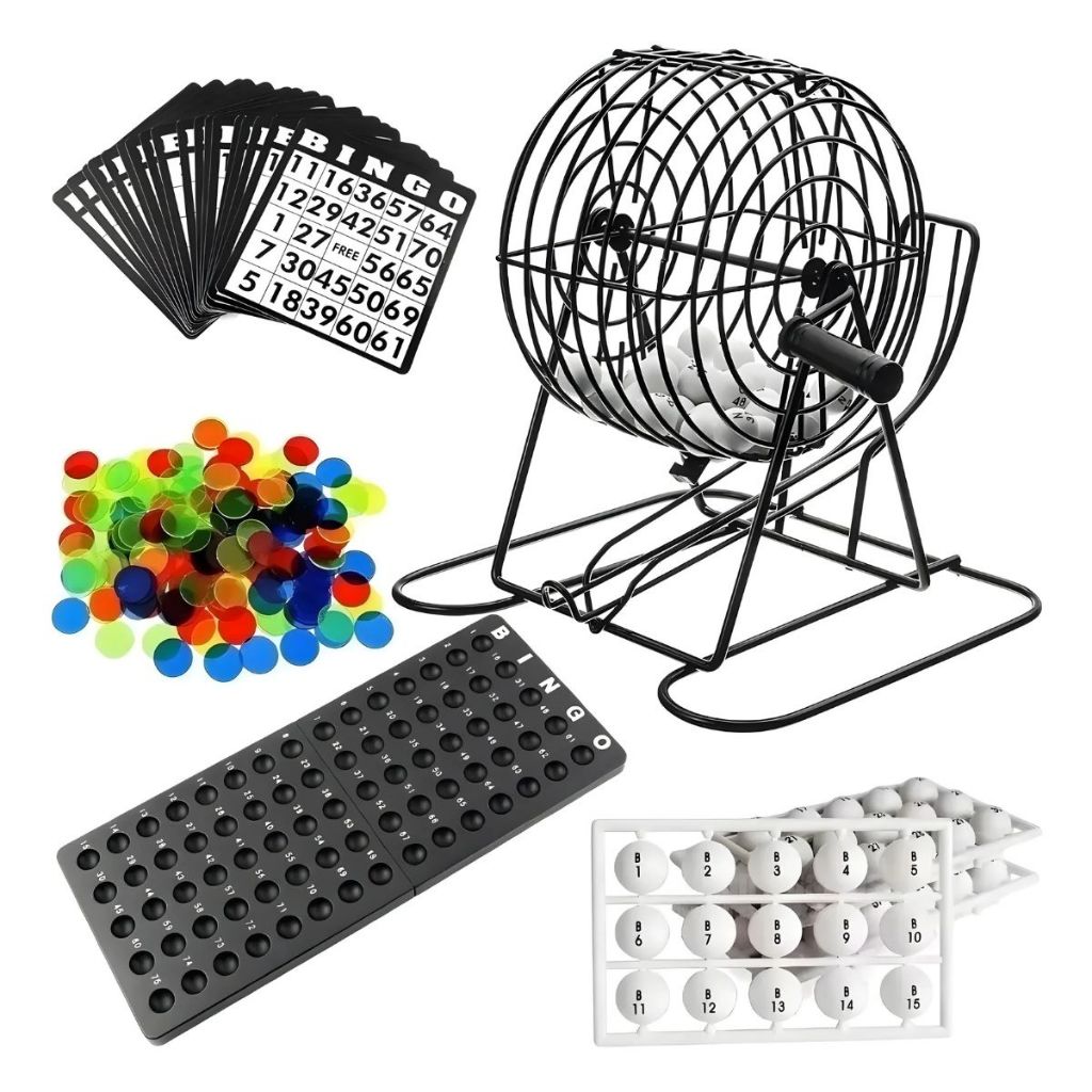 Bingo Completo com 75 Bolas Numeradas Gaiola Rotativa + Base Numerada até 75 Portátil em Oferta na Shopee