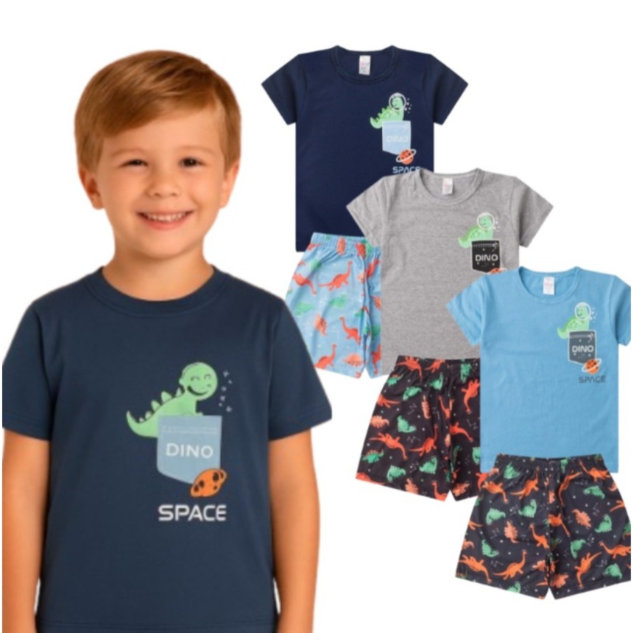 Pijama BRILHA NO ESCURO Infantil Menino Verão Dino Space - Hey Kids