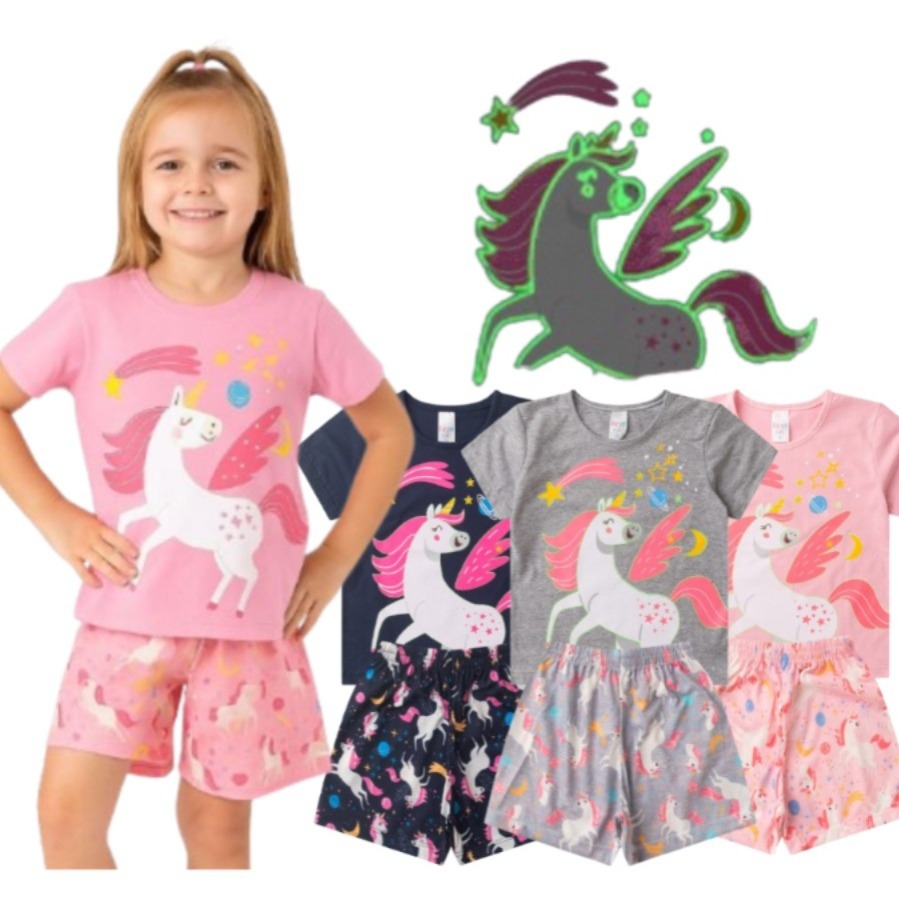 Pijama BRILHA NO ESCURO Infantil Menina Verão Unicórnio - Hey Kids