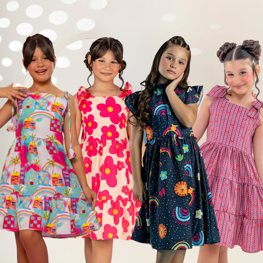 VESTIDO COLORIDO BABADO MENINA INFANTIL BLOGUEIRINHA FESTA DIVA ESTAMPADO MODA EVANGELICO ELEGANTE