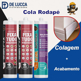 Kit Completo Rodapé Poliestireno Cola + Acabamento com 2 Adesivo Fixa Tudo + 1 Silicone Acrílico Base d'Água Tubo