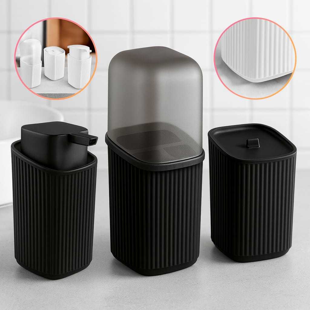 Kit Banheiro 3 Pecas Porta Sabonete Liquido Porta Algodão E Porta Escovas Decoração Organização Beleza