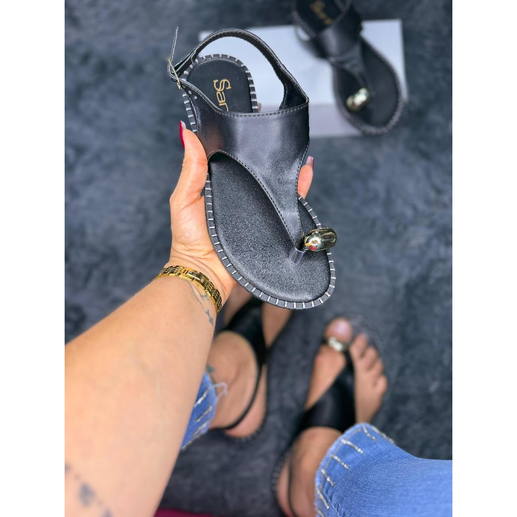 Rasteira Feminino Sanf Sandalia De Dedo Metal Anel Rasteirinha Fechada Casual Dia a Dia Dourada