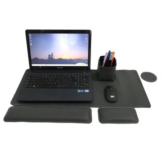 Kit escritório de 5 peças: mousepads 70 x 30 e 90 x 40, apoio de pulso, porta-caneta e porta-copo